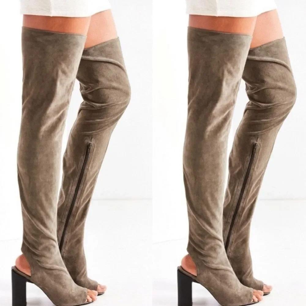 Jeffrey Campbell Capricorn Over-The-Knee Peep-Toe Sock Boots Olive Size 9 NWOB